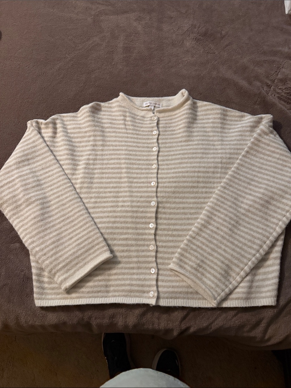 Striped Cream and Beige Button-Up Knit Cardigan